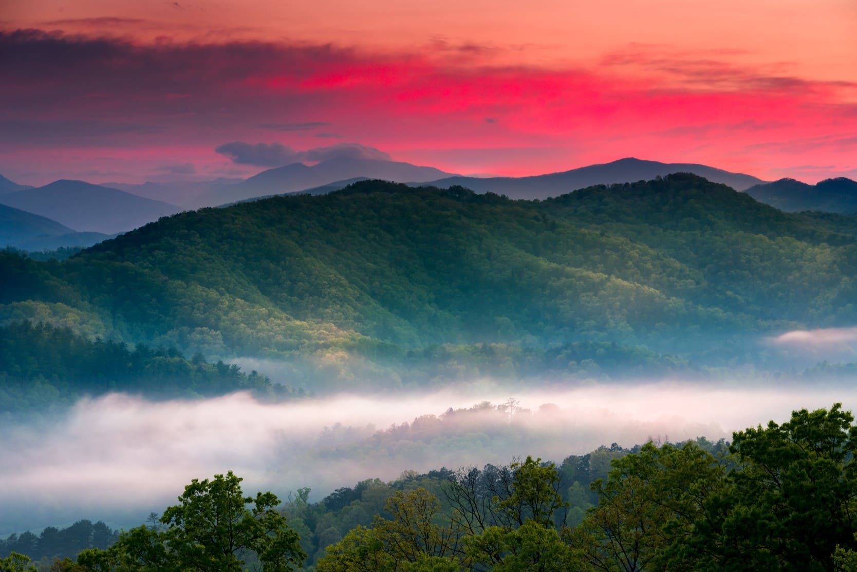 View of sunset in the Great Smoky Mountains National Park close to Seymour, Tennessee 